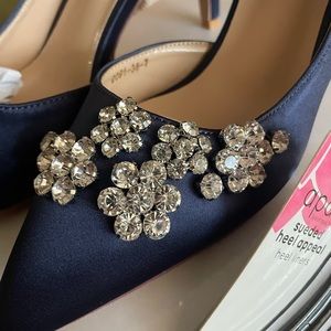 Navy Pointy Toe Mid 3” Heels Pumps Rhinestones Evening Party D’Orsay Satin Shoes